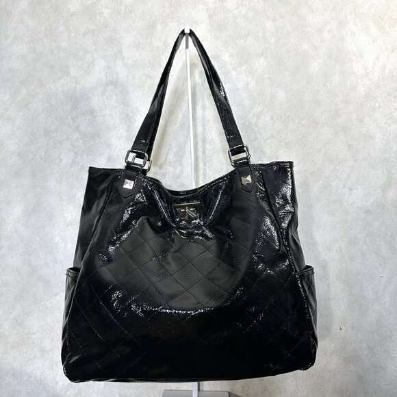 Kenneth Cole Reaction Large Quilted Tote Black Patent Leather Boho Shoulder Bag - Picture 1 of 8